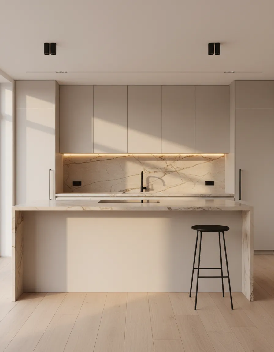 Architectural kitchen extension featuring seamless marble benchtops