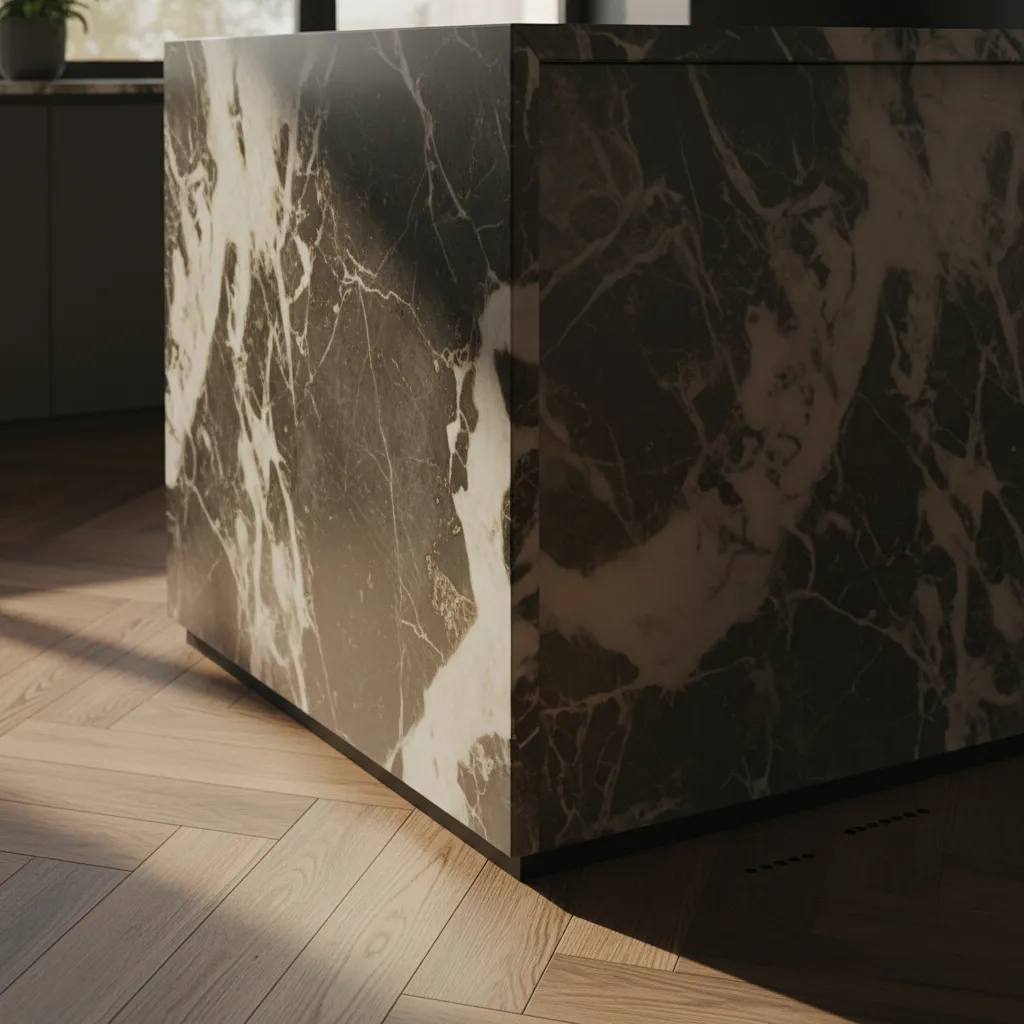 Timber flooring contrasting with a solid marble kitchen island