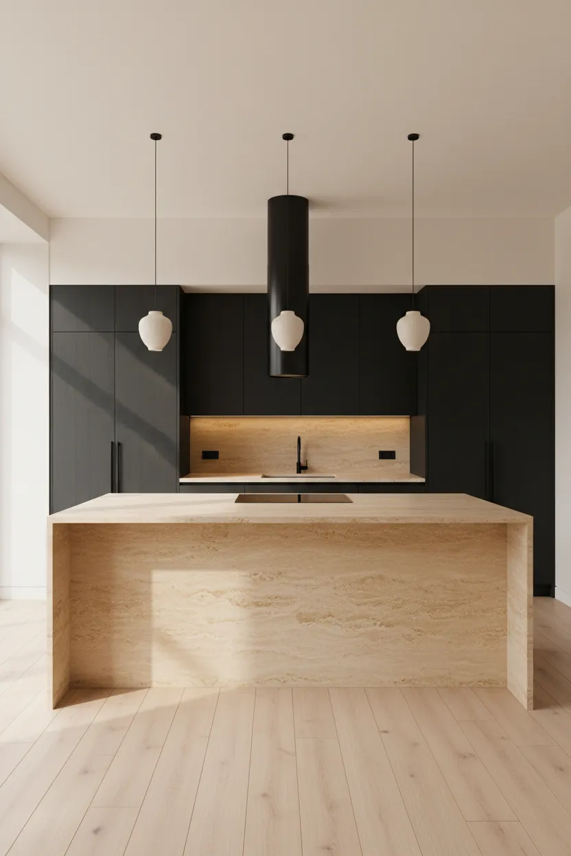High-end warm travertine stone surfaces and handleless cabinetry