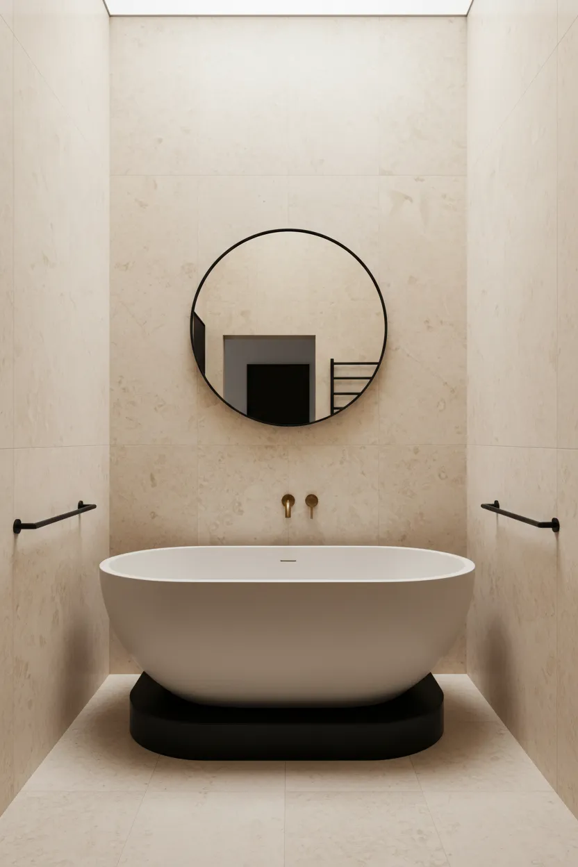 Modern bathroom exhibiting a Mediterranean stone aesthetic