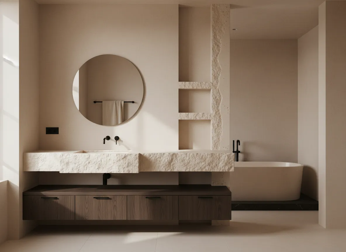 Luxury bespoke bathroom details finished in warm stone
