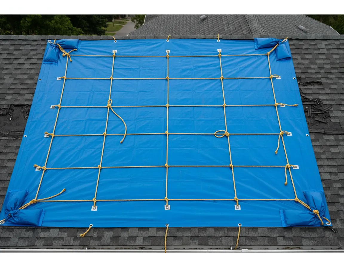 Emergency tarping on damaged roof