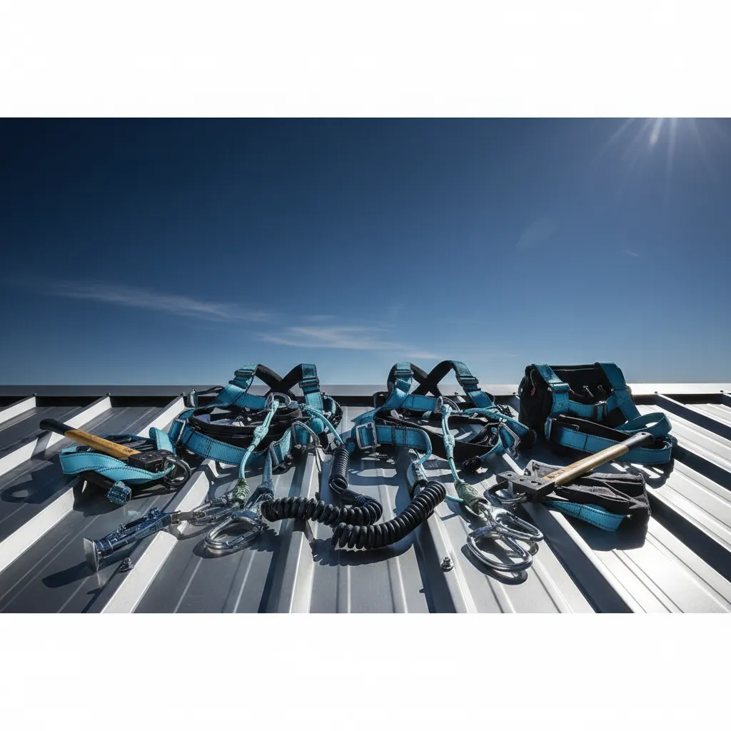 Roofers in full safety gear adhering to OSHA standards