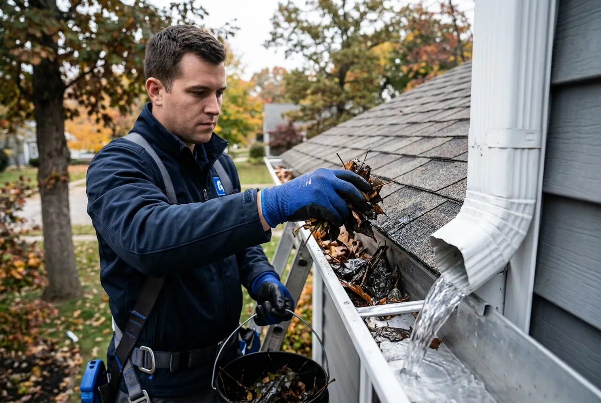 Complete residential gutter cleaning and downspout flush