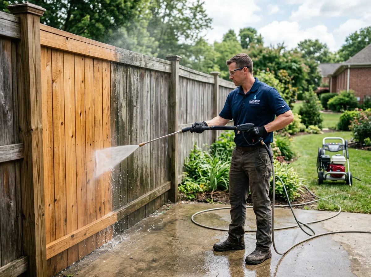 Pressure washing a wooden fence with visible clean vs dirty contrast