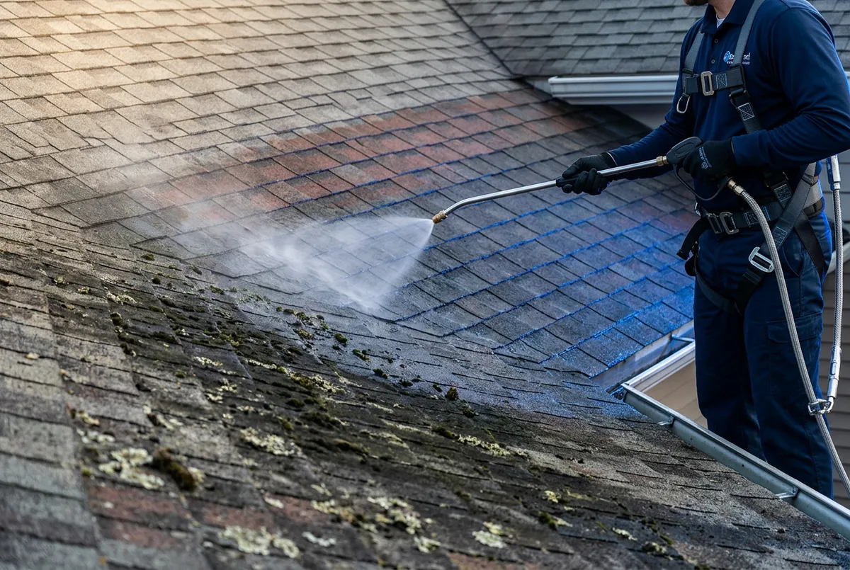 Roof soft washing removing black streak algae and lichen