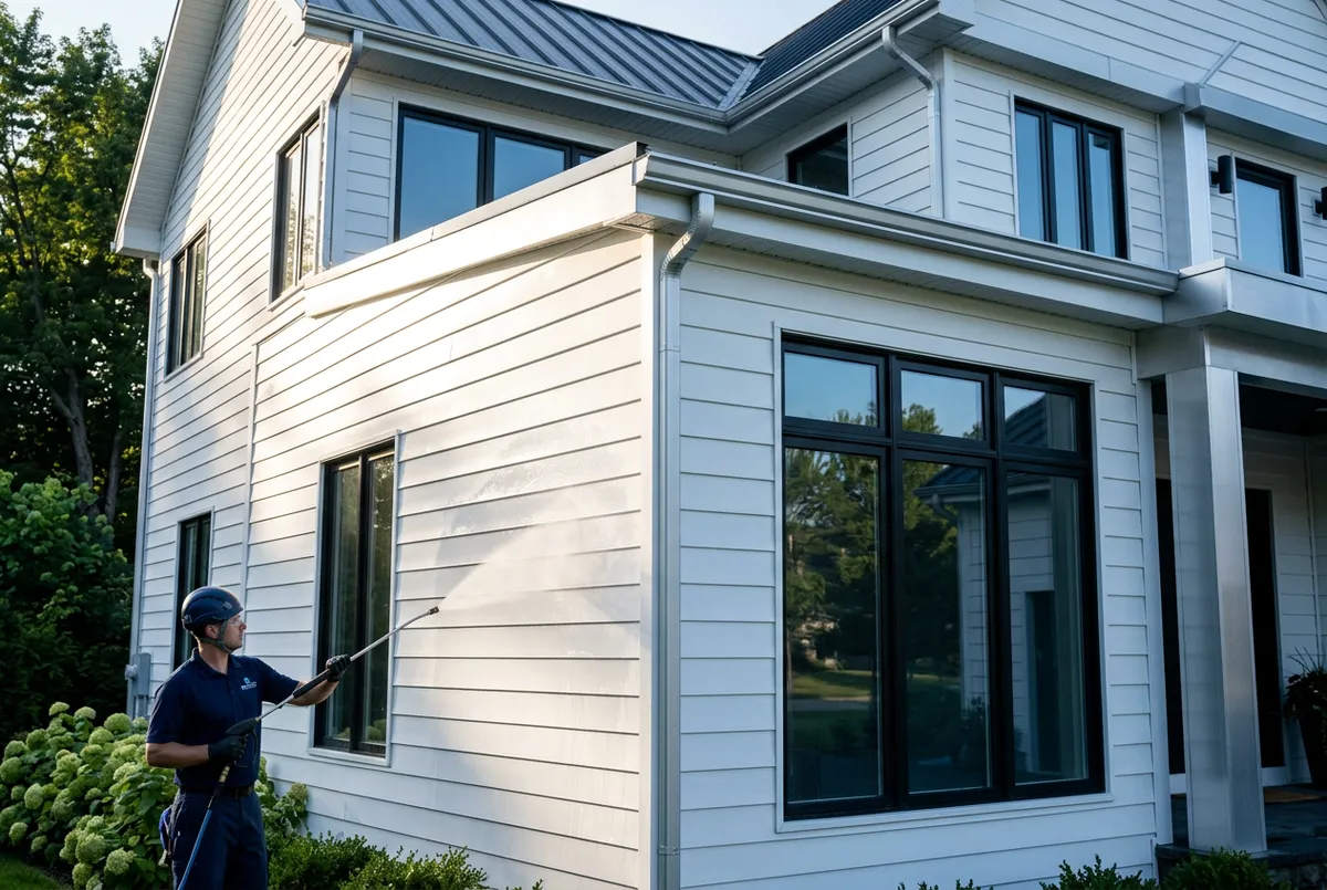 Low pressure house soft washing on vinyl and brick siding