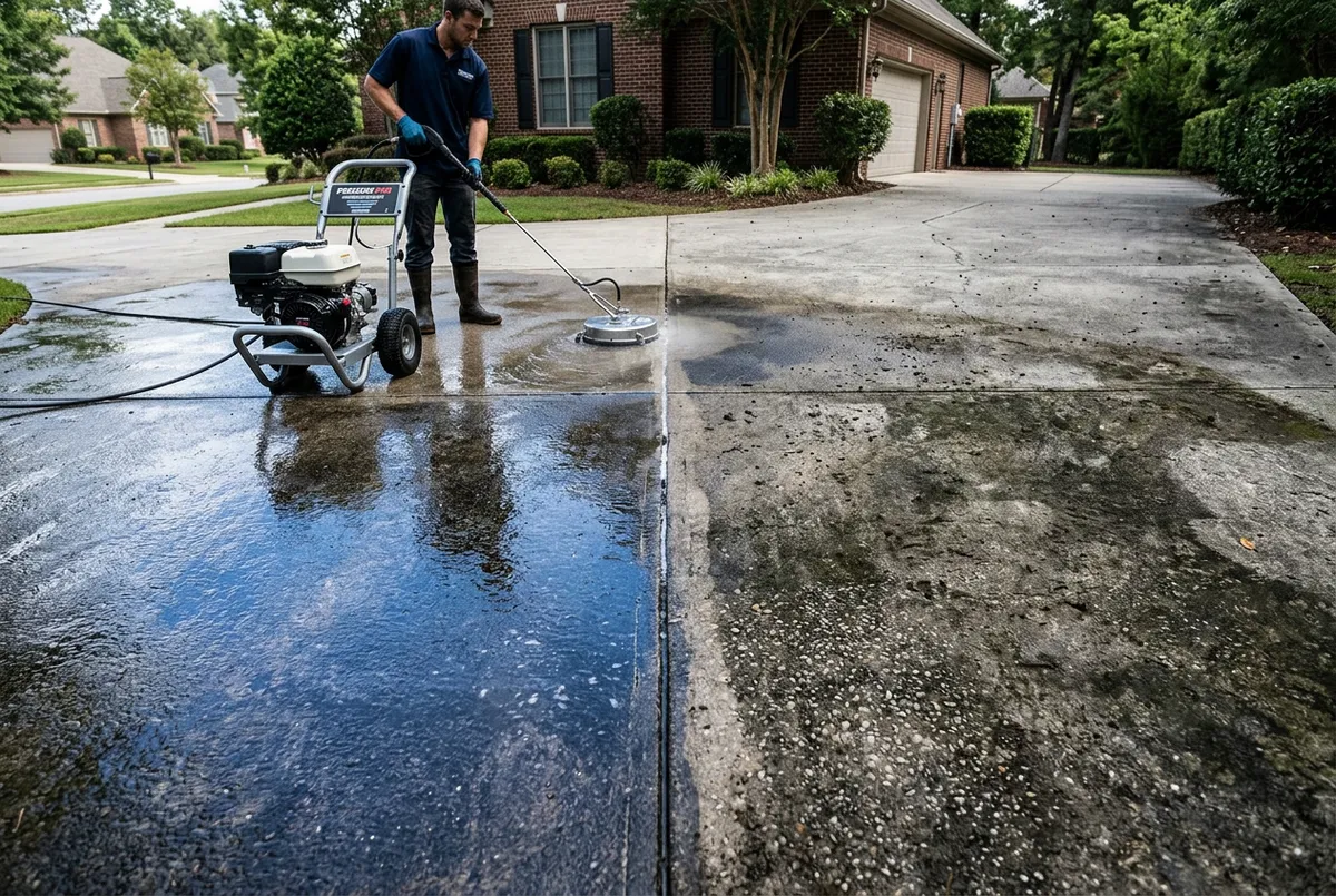 Concrete driveway pressure washing before and after result