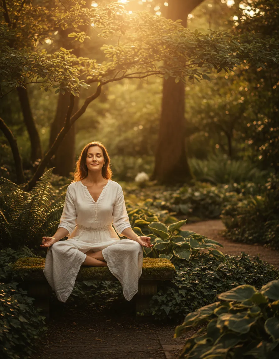 Woman sitting cross-legged in sunlight with a natural healing vibe