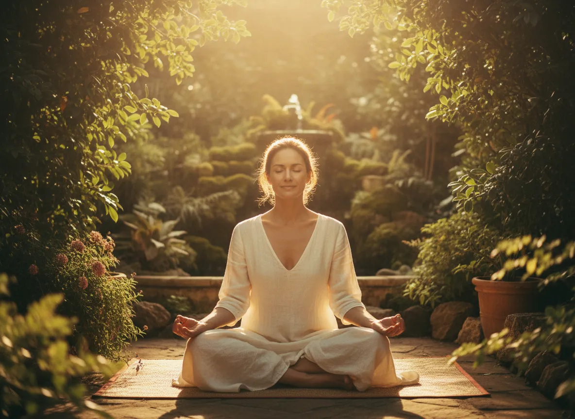 Golden sunlight meditation, natural healing, calm feminine wellness aesthetic