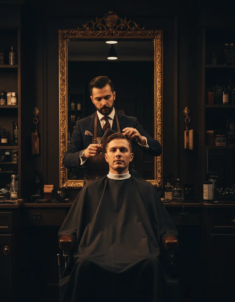 Professional barber consulting with a client before a premium haircut