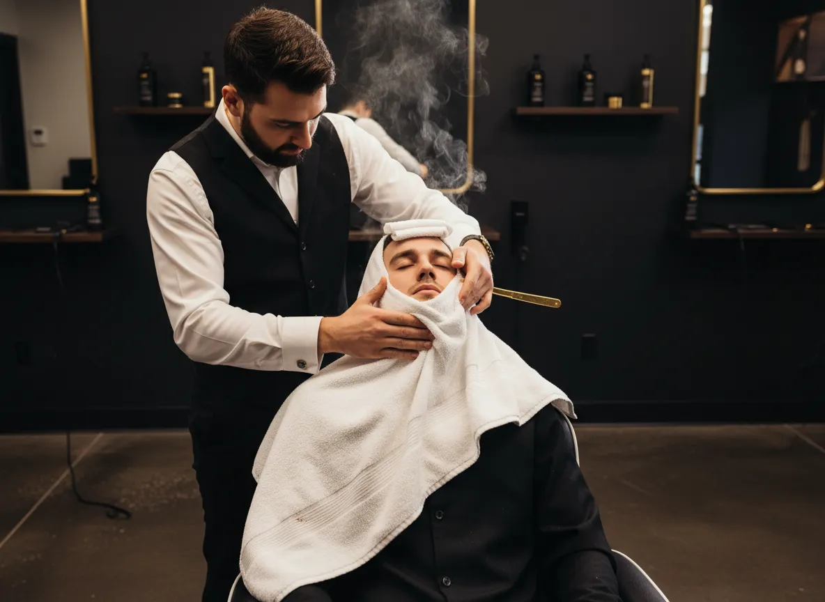 Barber performing a luxurious hot towel shave on a groom