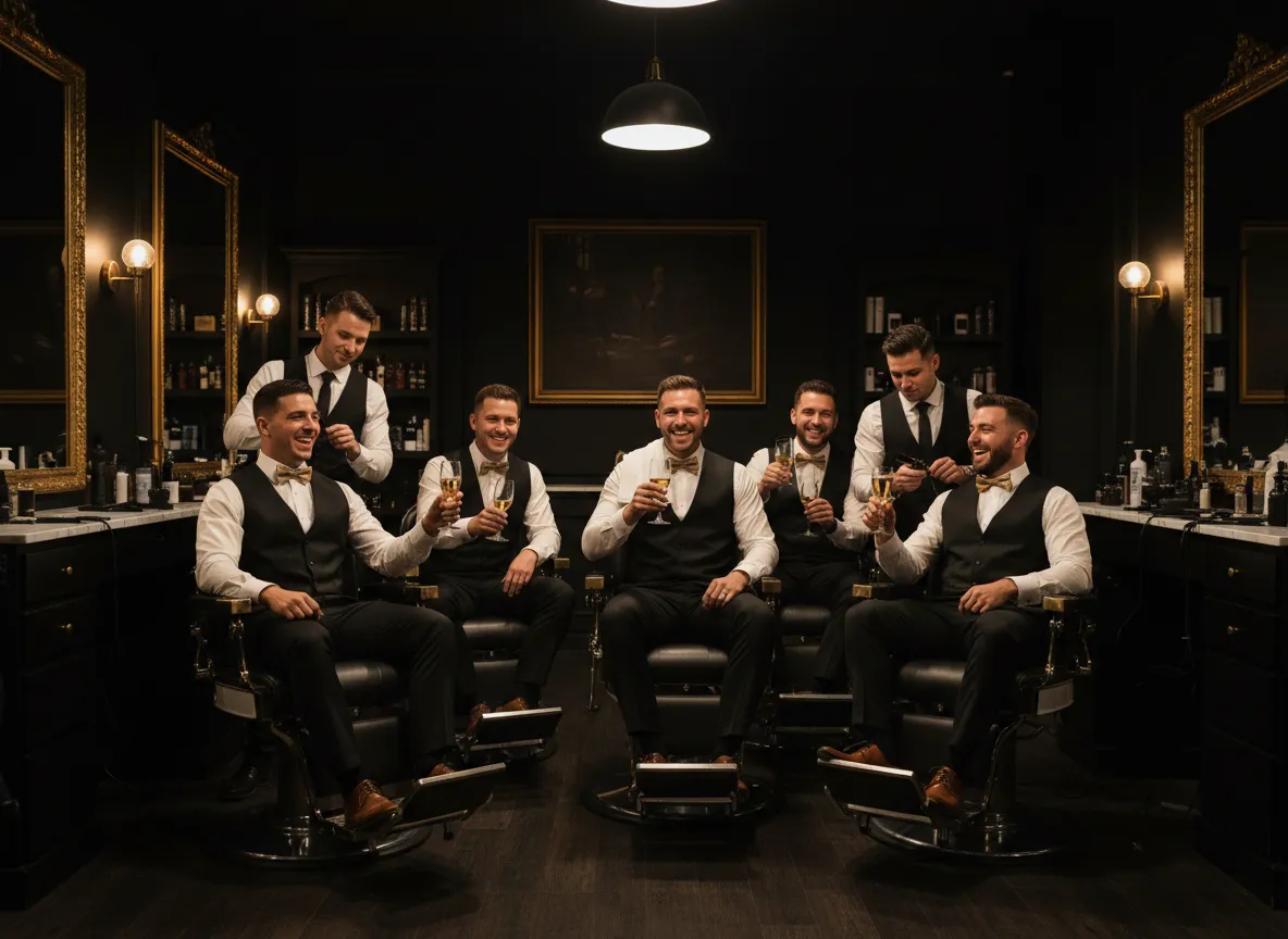 Groomsmen enjoying premium grooming services together