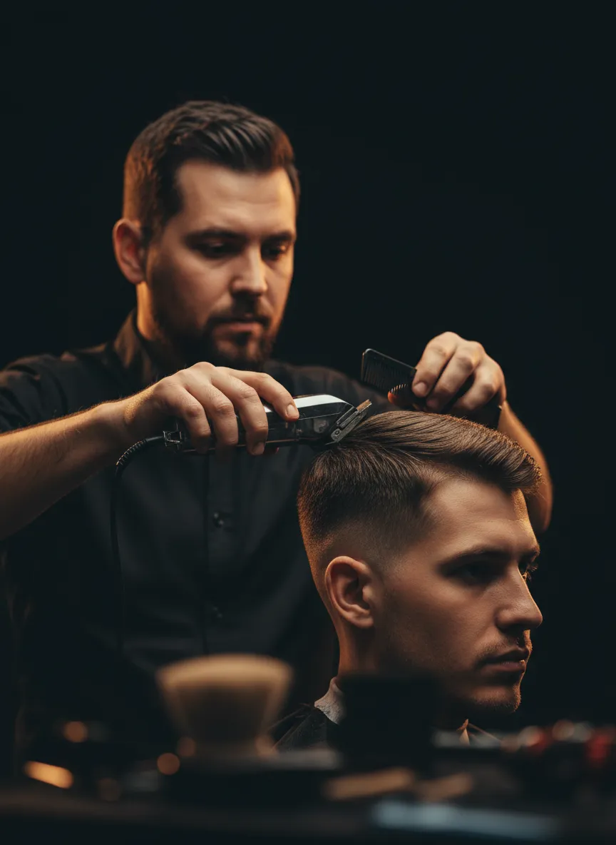 Barber performing a precision fade haircut
