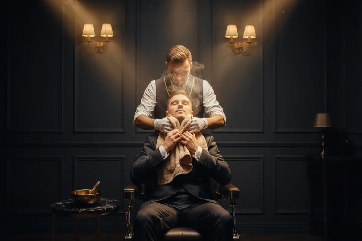 Groom preparing for his wedding with a hot towel shave