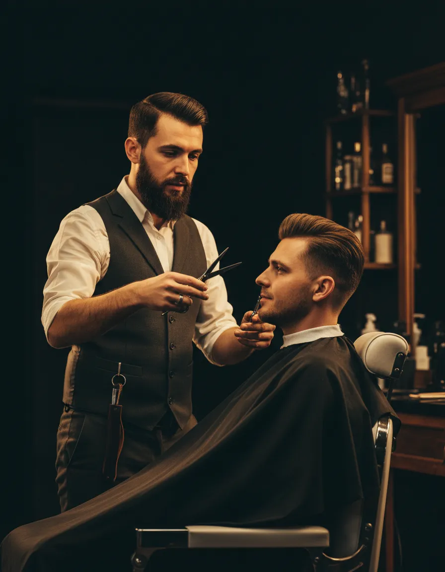 Master barber consulting with client