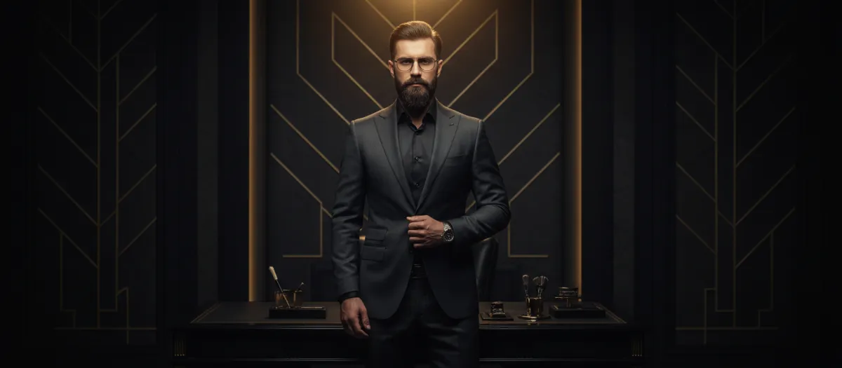 Sharp-dressed professional with a meticulously groomed beard in an upscale environment