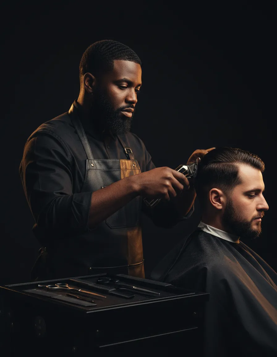 Master barber performing a precision fade haircut at The Ultimate Barber in Alexandria