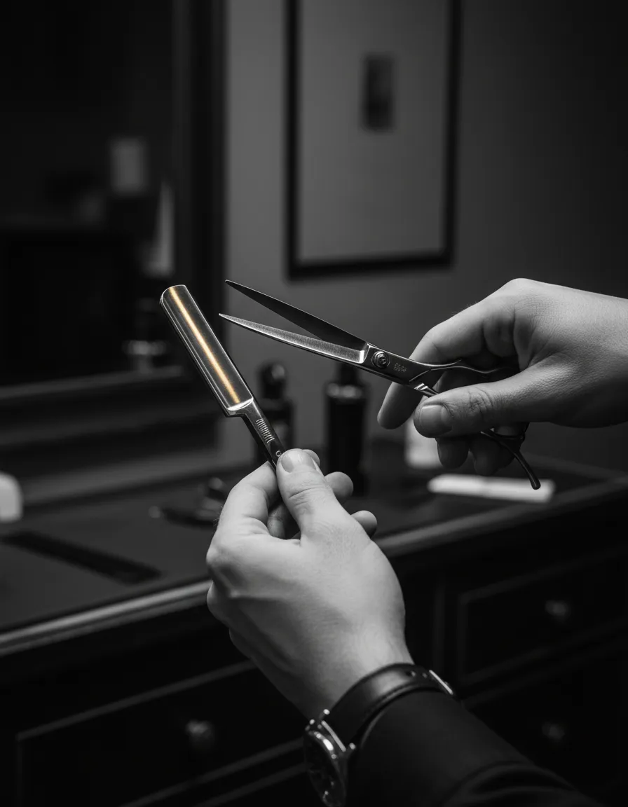 Precision barber tools and architectural workspace