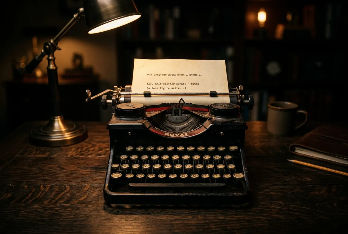 Typewritten screenplay pages and production notes under focused desk lamp lighting