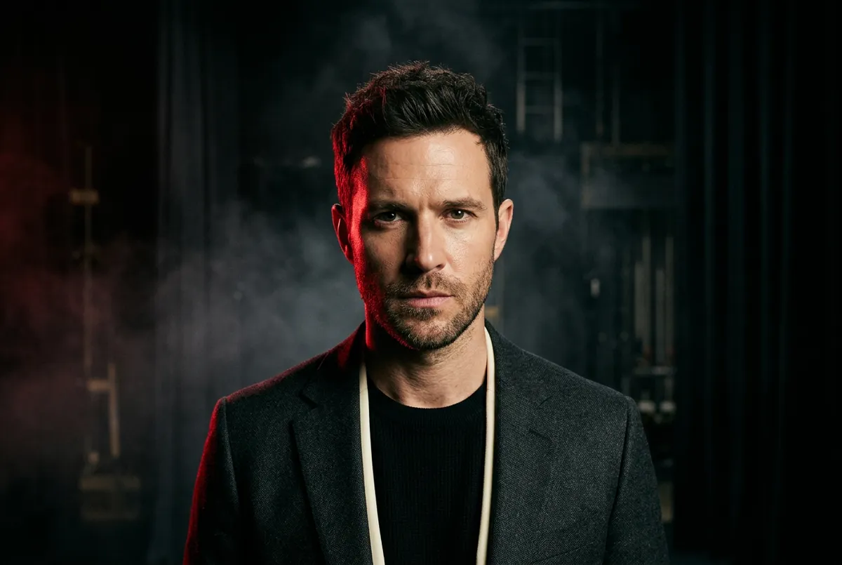 Dramatic cinematic close-up of a dramatic lead actor under studio key lighting on set