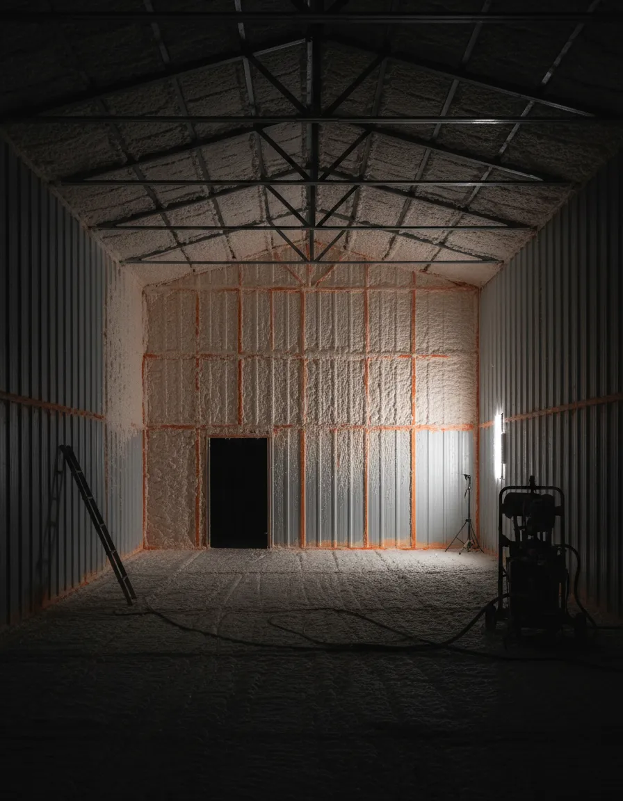 Professional spray foam insulation application at an industrial site