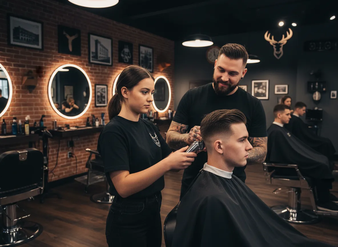 Barbering student performing fade haircut in Milwaukee barbershop training environment