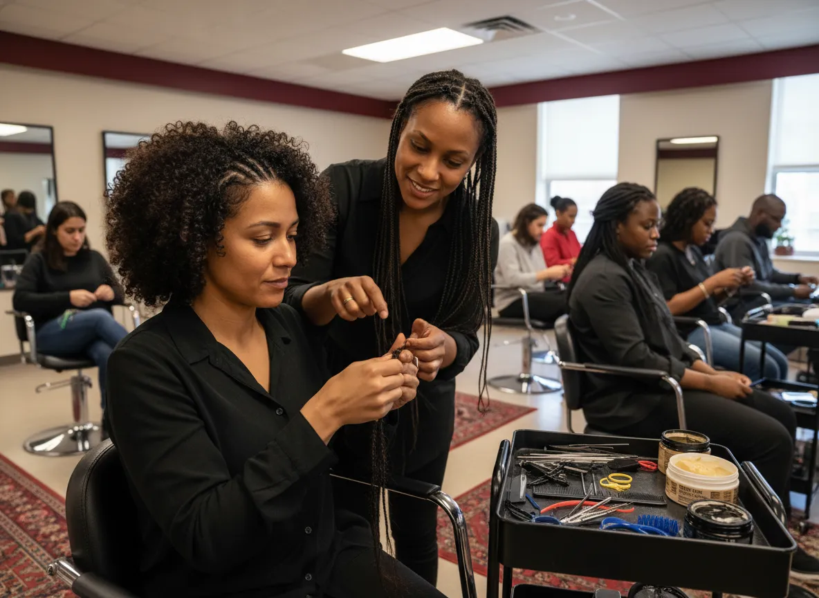 Adult learner practicing braiding techniques in workforce training class