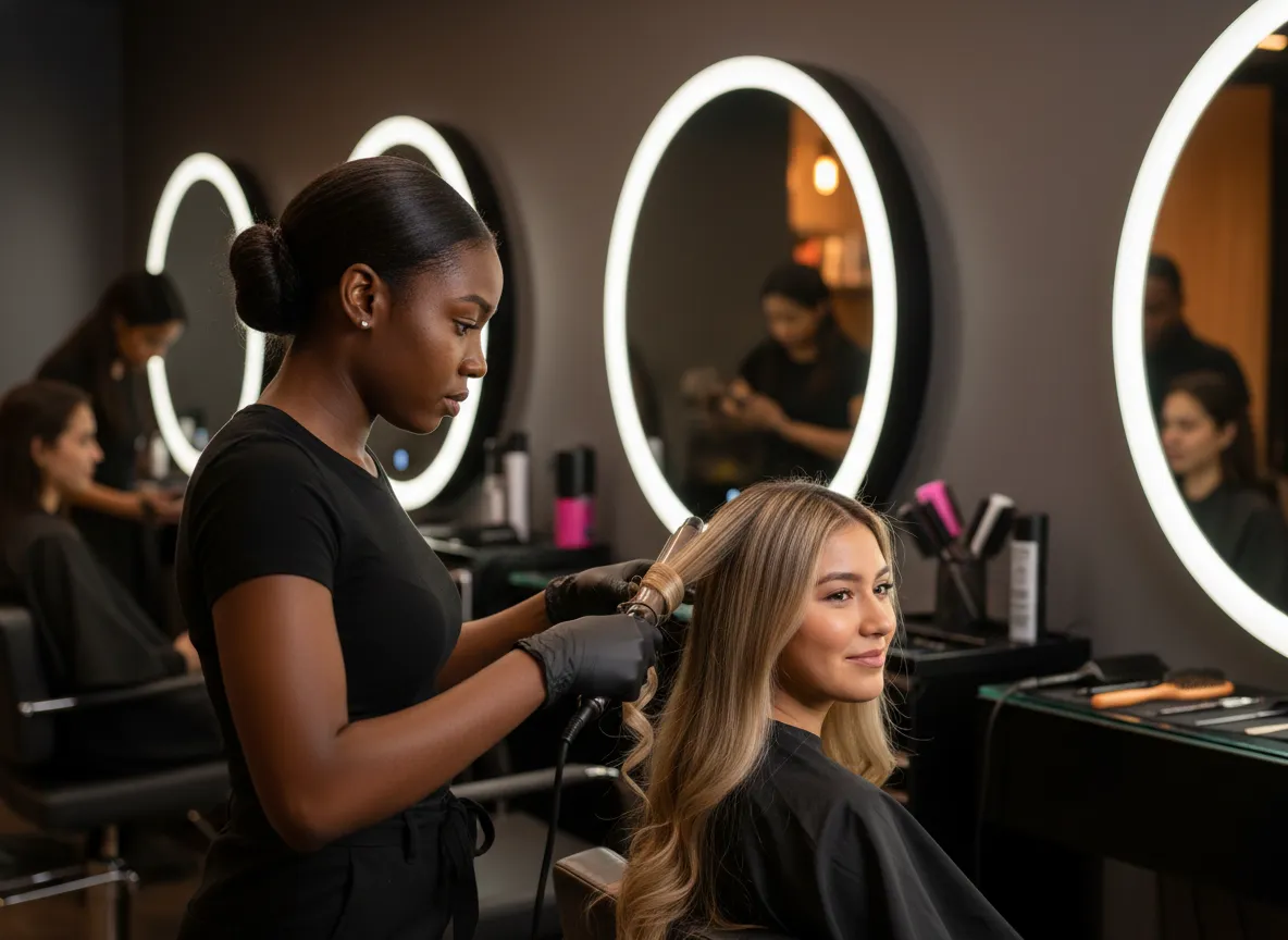 Cosmetology student practicing hair styling in Milwaukee training salon