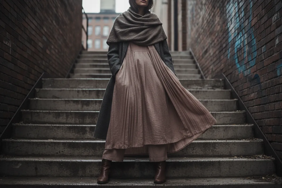 Young woman layered in muted tones on a concrete stairwell, modest drape and fabric movement visible, overcast soft lighting, editorial street-style shot with urban textures and authentic city details, highlighting cut and fabric.