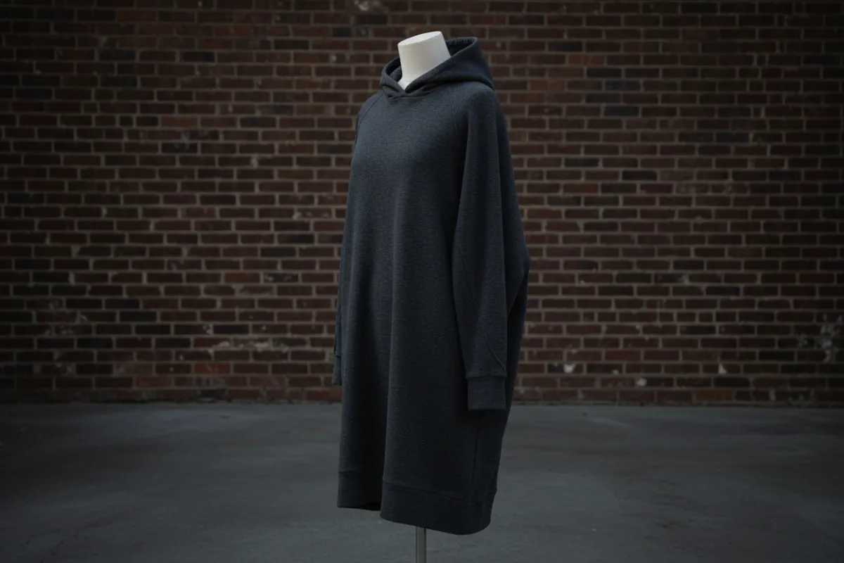 Three-quarter product shot of the Asim Hoodie on a neutral mannequin outdoors near a brick wall, emphasis on length and sleeve cut, diffused daylight, clean product framing showing texture and silhouette.