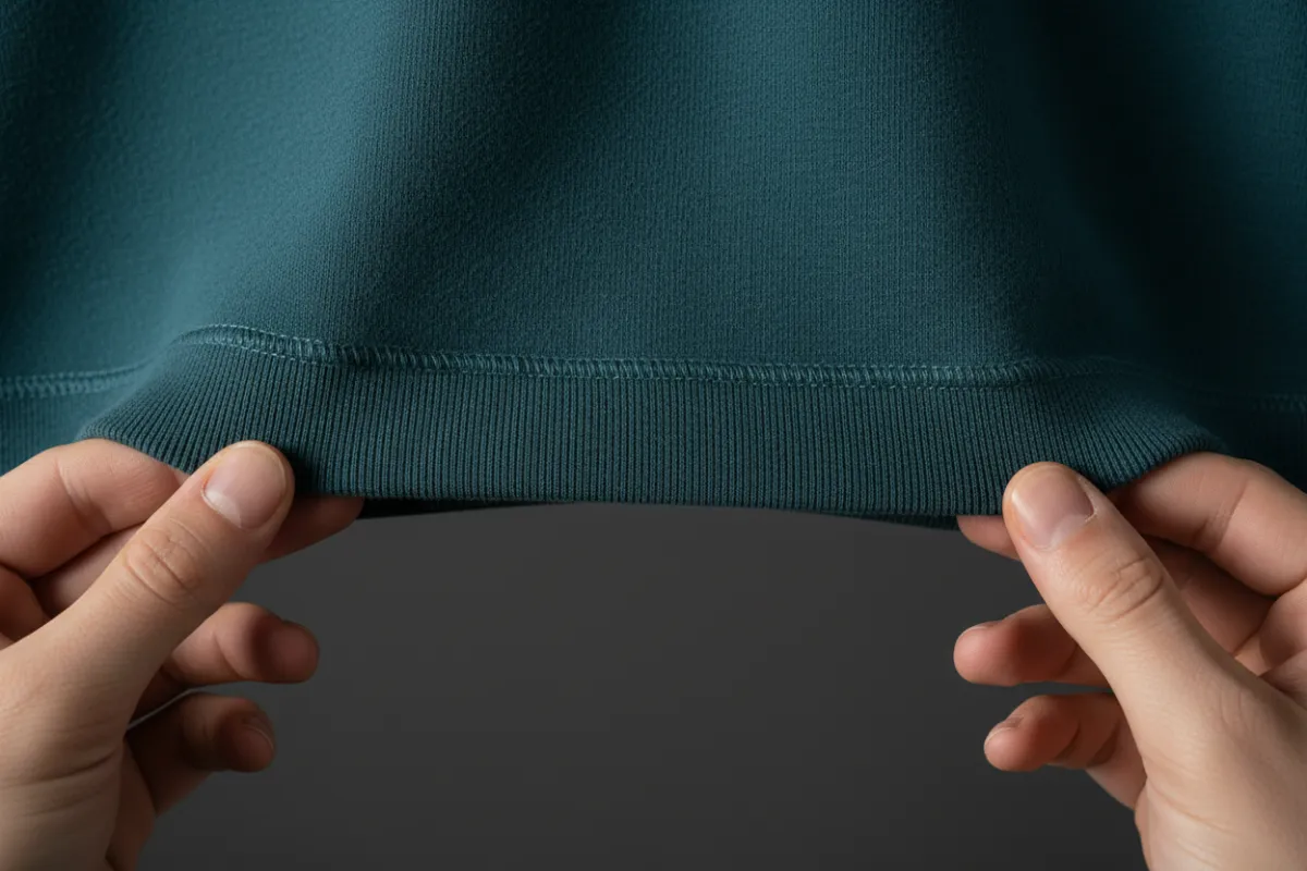 Close-up detail of deep teal hoodie fabric and seam construction, hands adjusting hem, textured cotton knit visible, soft directional light accenting stitch detail, minimal props, product-focused editorial framing.
