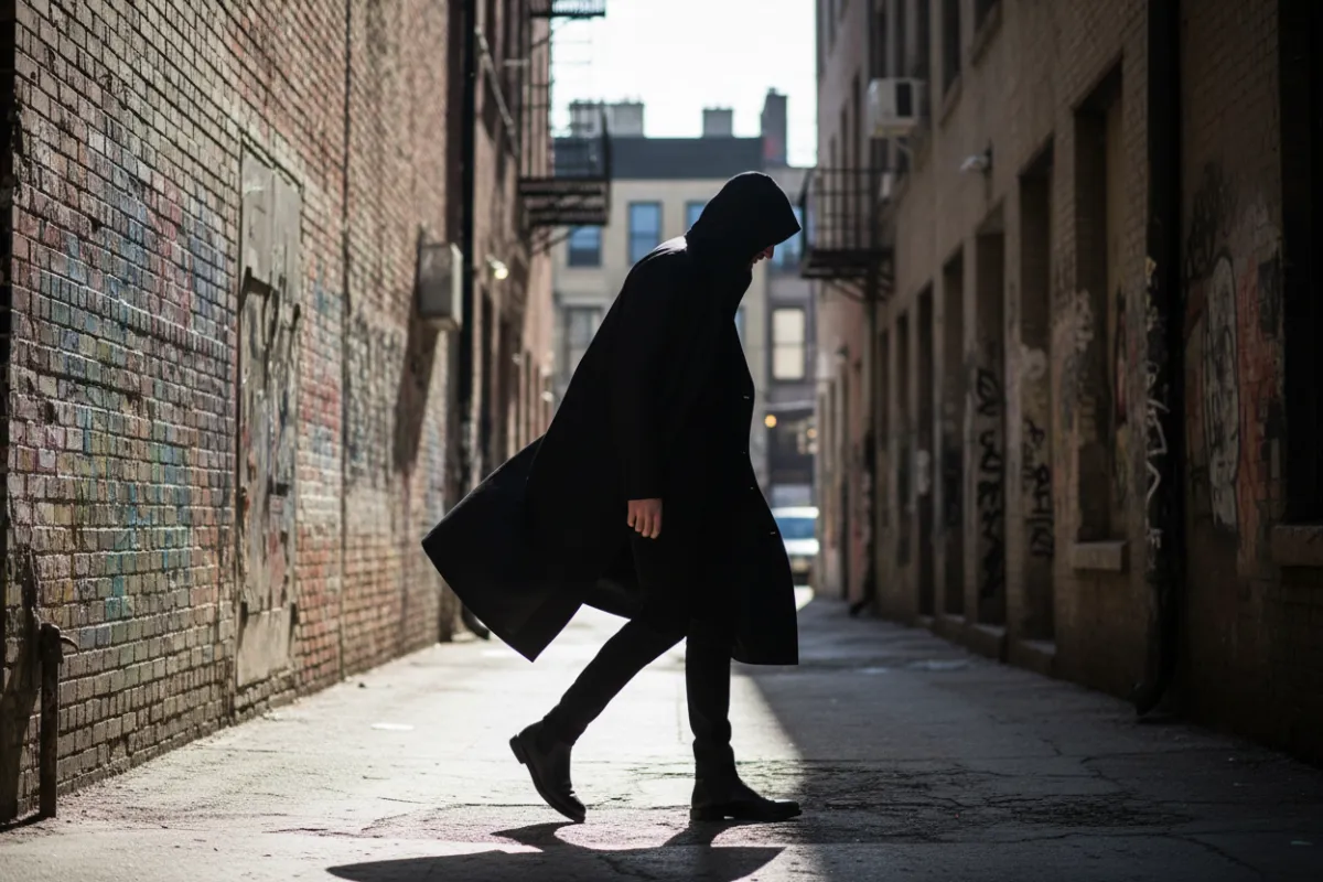 Tall male model in a longline black jacket walking along a sunlit urban alley, candid movement showing jacket flow, daytime natural light, gritty textured walls, photorealistic street-style composition emphasizing silhouette and length.