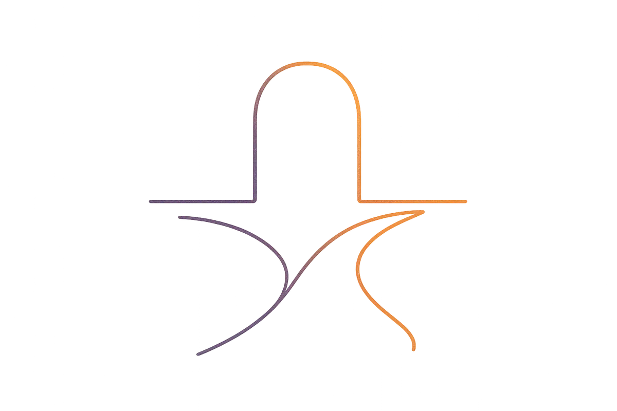 Minimal continuous-line forked path beneath an open gate (Scaling and Growth), gradient stroke from deep plum to burnt orange.