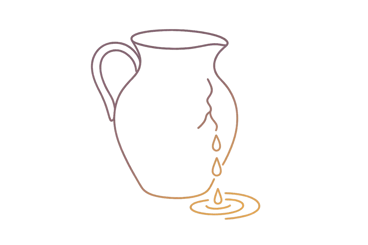 Minimal continuous-line cracked vessel with droplets illustration (Revenue Integrity), gradient stroke from deep plum to burnt orange.