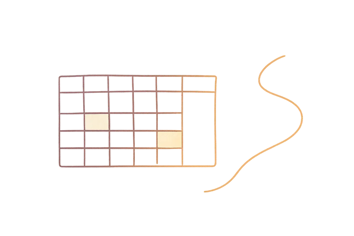 Minimal continuous-line weekly calendar grid with a gentle breath/path curve (Vitality Optimization), gradient stroke from deep plum to burnt orange.