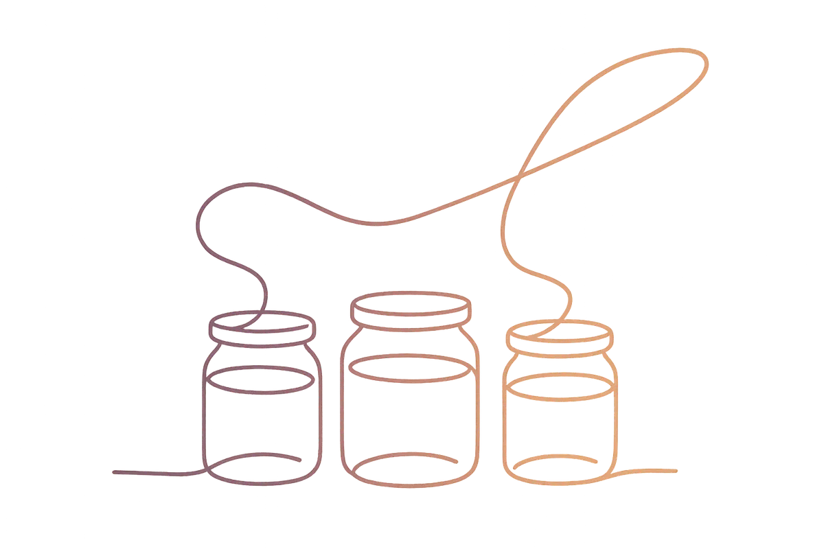 Minimal continuous-line three jars illustration (Financial Clarity), gradient stroke from deep plum to burnt orange.