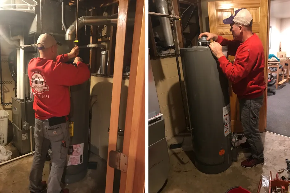 Mike the Salty Plumber working on a water heater