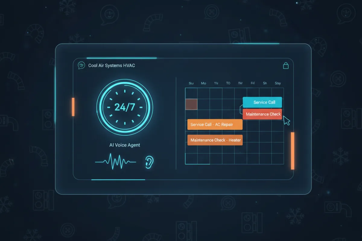 A digital interface showing an AI voice agent answering a call for an HVAC company, with a glowing 24/7 icon and a calendar auto-filling appointments. The background features subtle HVAC icons and a modern, tech-forward style.