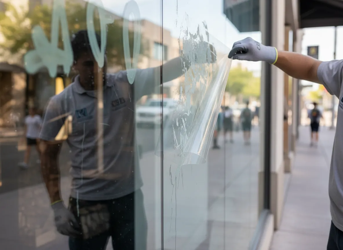 Anti-graffiti window film protecting Tempe storefront glass