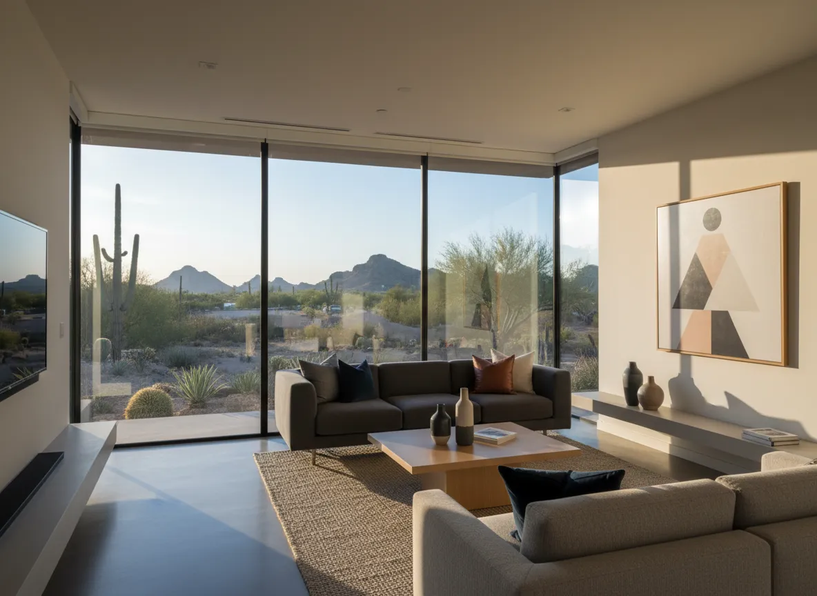 Modern Tempe home with large tinted windows at sunset