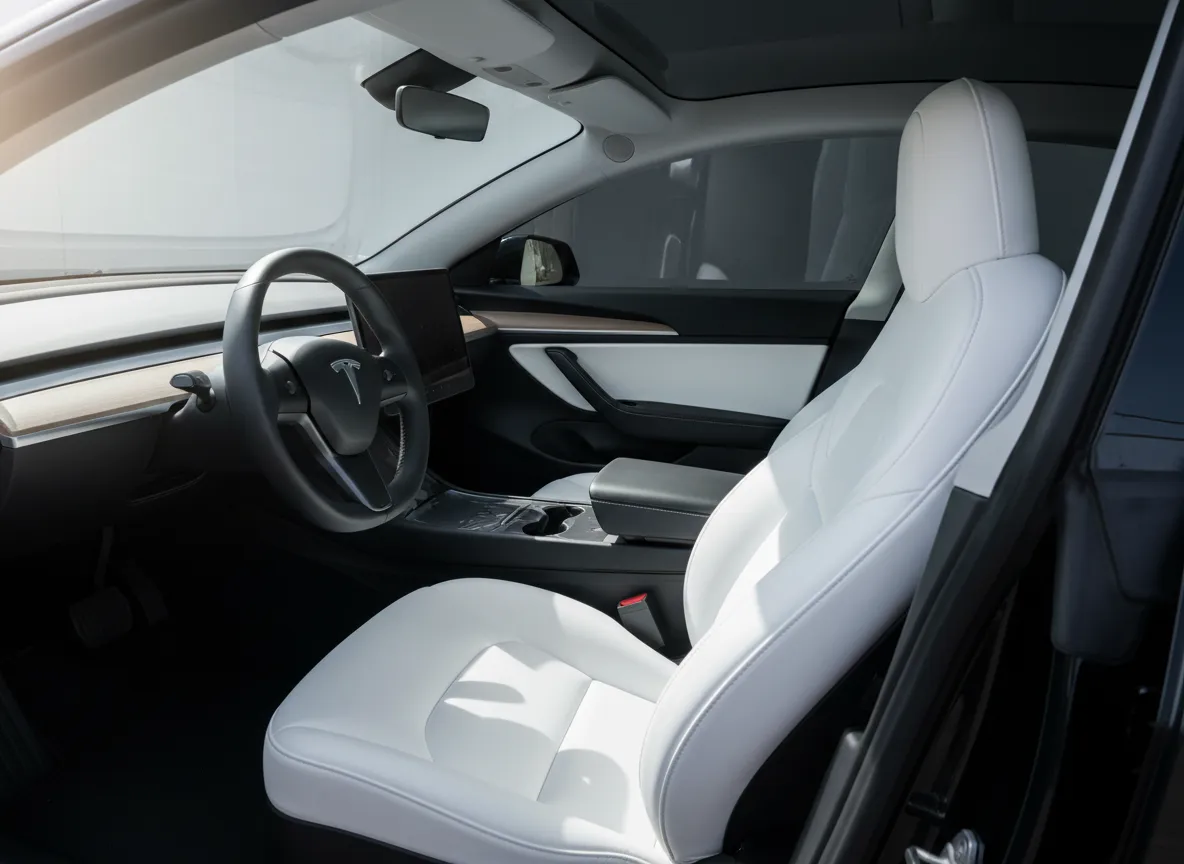 Tesla white interior protected by dark ceramic tint from UV damage