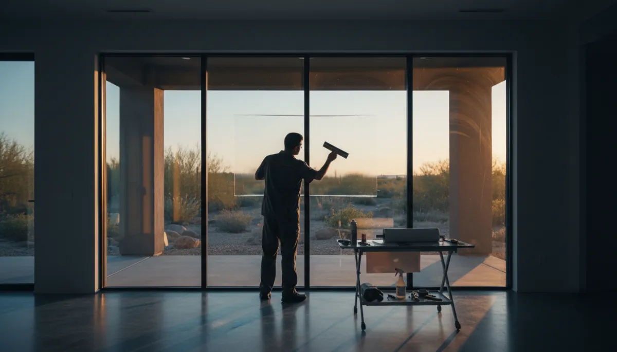 Residential window tint technician applying film to luxury home window