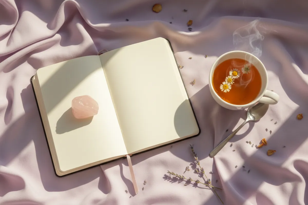 A flat lay of a journal, rose quartz crystal, and a cup of herbal tea on a soft lavender cloth, with sunlight streaming in, symbolizing intuitive practices and self-reflection.