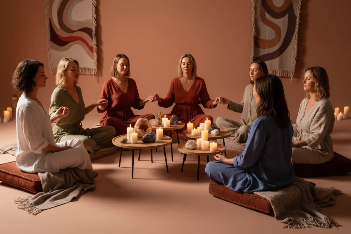 A diverse group of women in their 30s and 40s, seated in a circle on plush cushions, eyes closed, holding hands in a softly lit studio with candles and crystals. The atmosphere is warm, supportive, and focused on deep connection and healing.