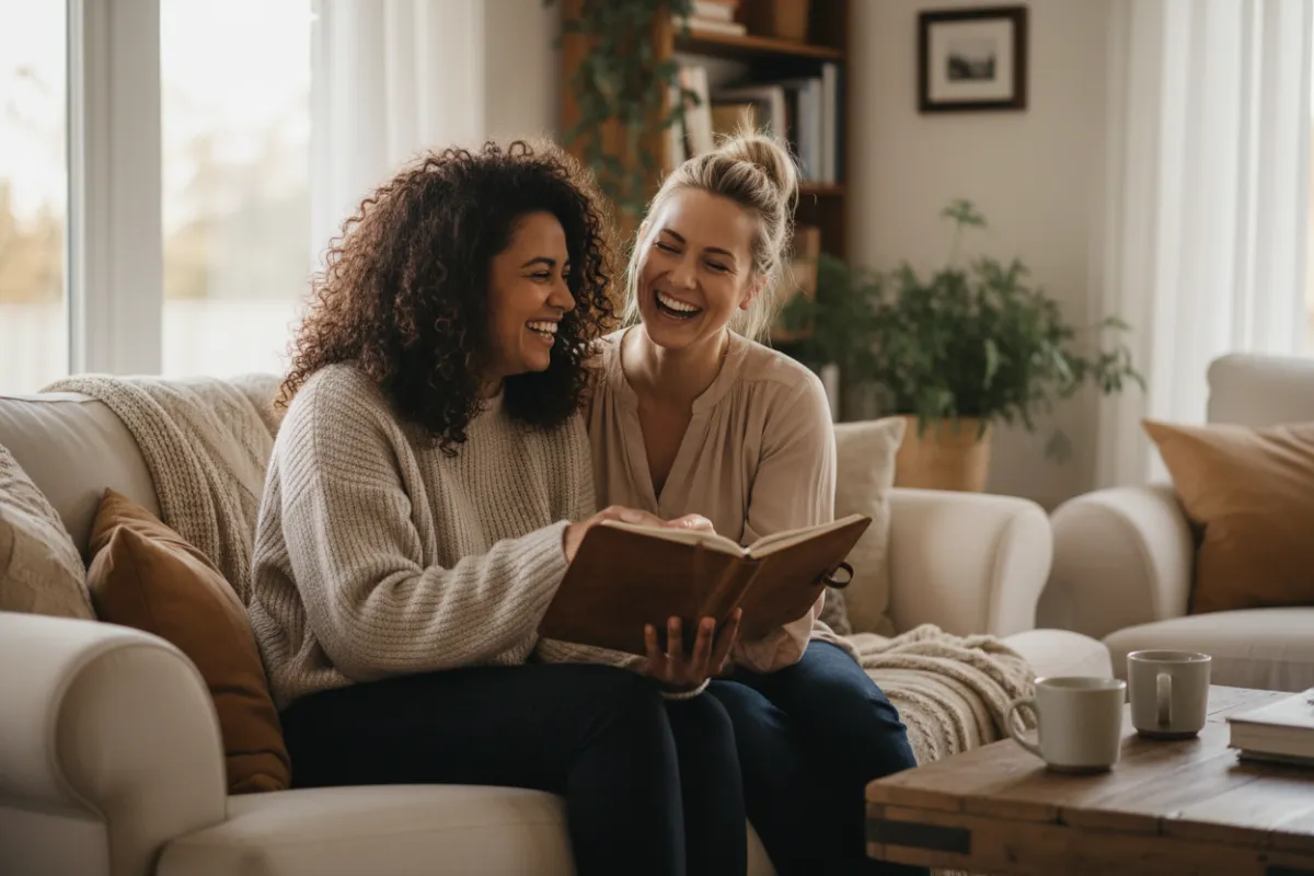 Two women of diverse backgrounds, one with curly hair and one with straight hair, sitting together in a cozy living room, laughing and sharing a journal, radiating warmth and connection.