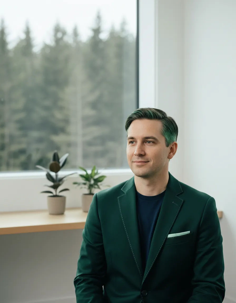 A serene portrait of the coach in a calm workspace, offering an empathetic and authoritative presence.