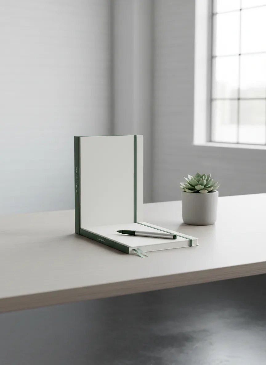 A soft-focus image of a tidy desk with a notebook
