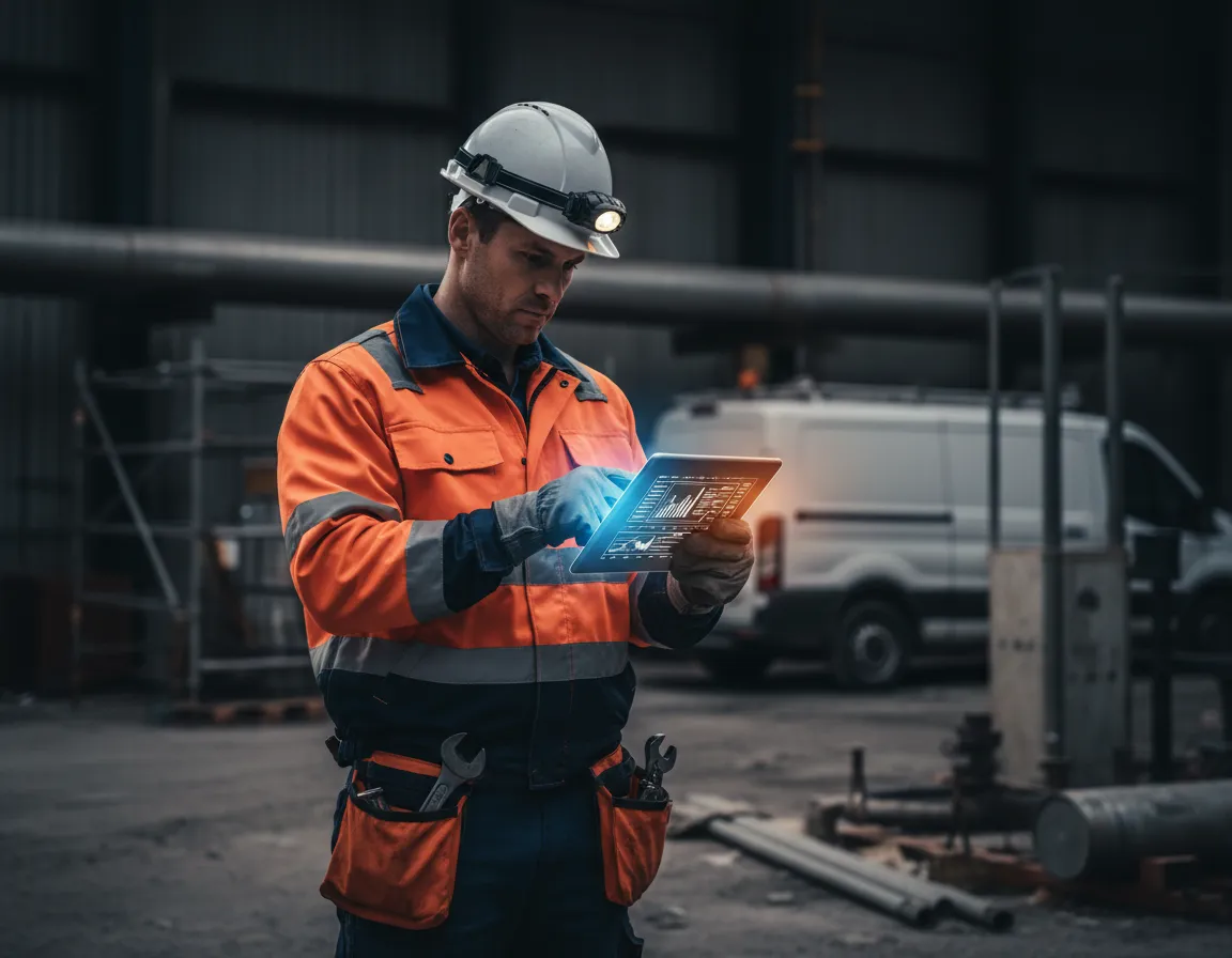 Plumber checking 10DLC compliance on a tablet in the field