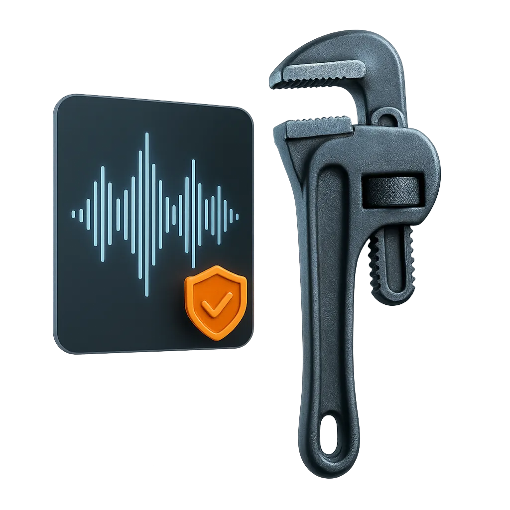 AI Voice Transcript Card alongside a rugged plumbing tool